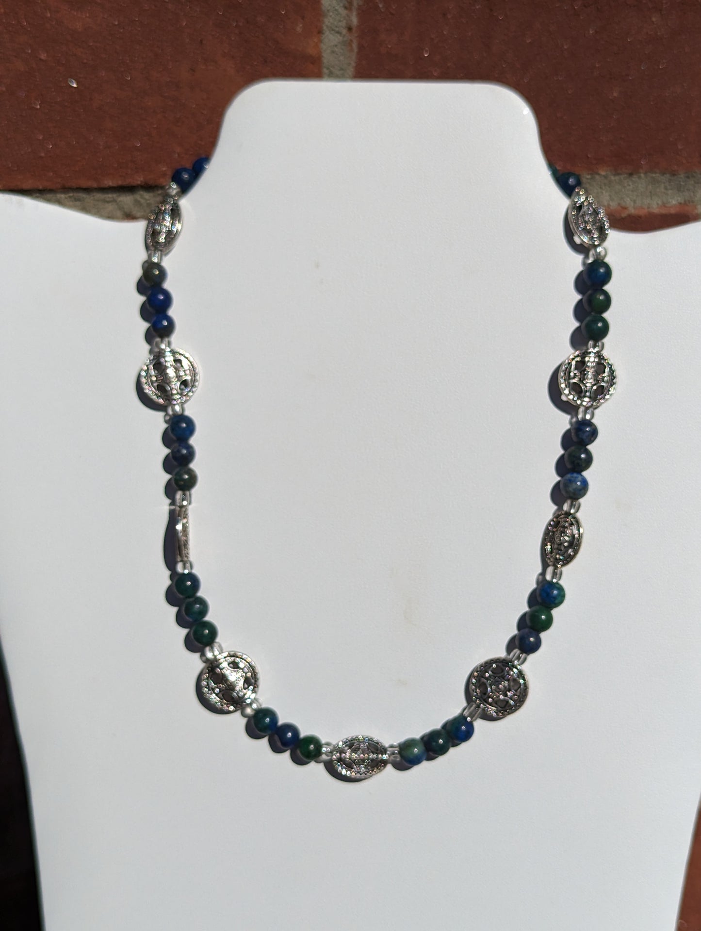 Chyrsocolla Necklace with Antique Silver Shield Beads