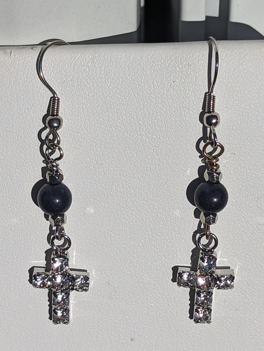Rhinestone Cross Earrings with Blue Jade Beads