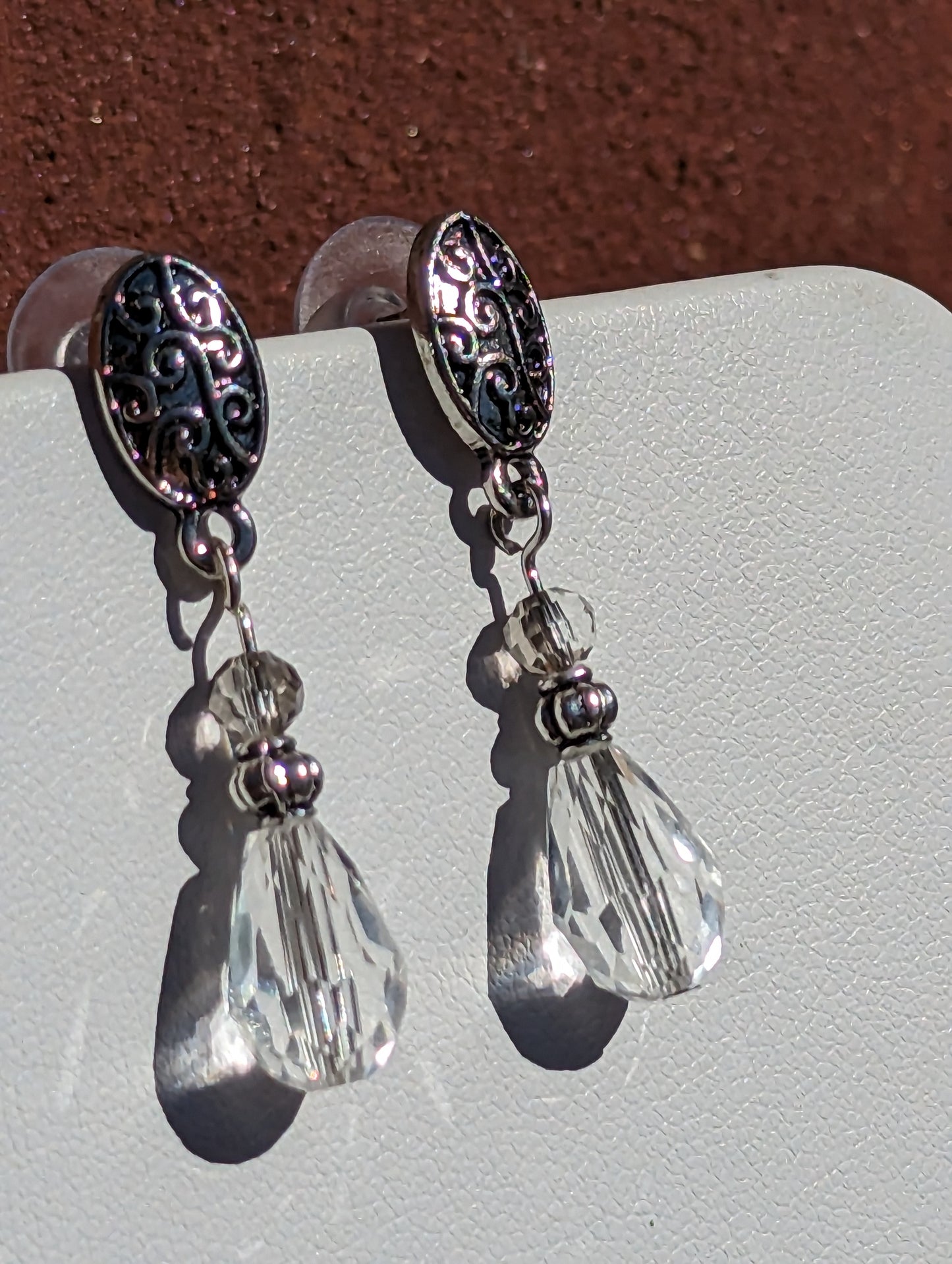 Clear Lead Crystal Pear-shaped Earrings on Antique Silver-toned Studs