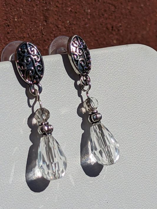 Clear Lead Crystal Pear-shaped Earrings on Antique Silver-toned Studs