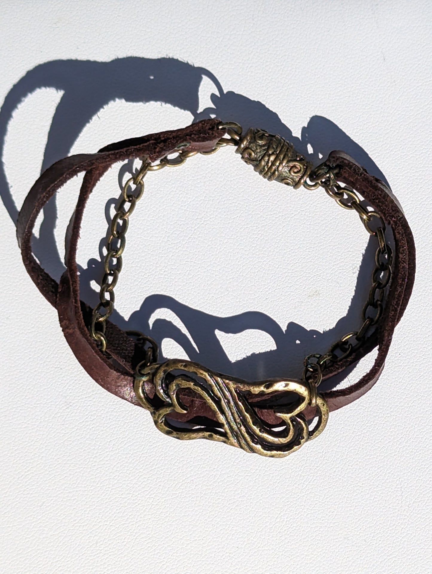 Double Heart Bronze and Leather Bracelet with Magnetic Clasp