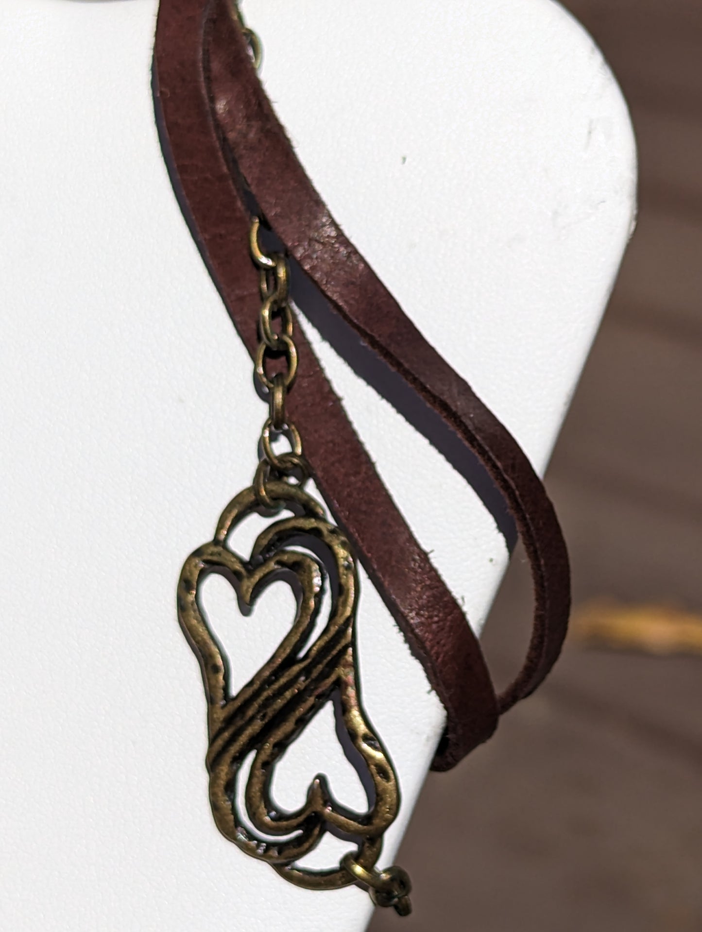 Double Heart Bronze and Leather Bracelet with Magnetic Clasp