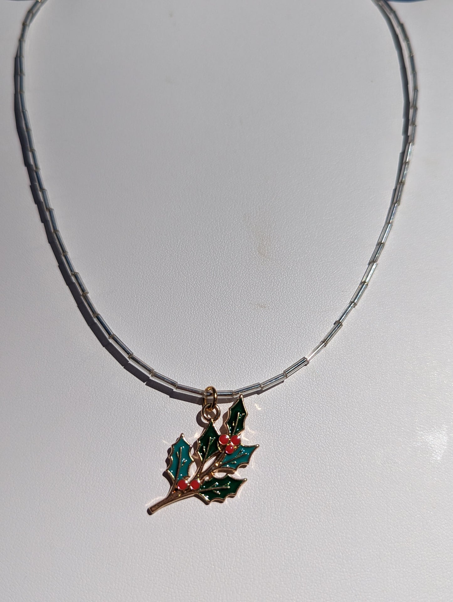 Crystalline Bugle Beads Necklace with Enamel Holly Sprig Charm