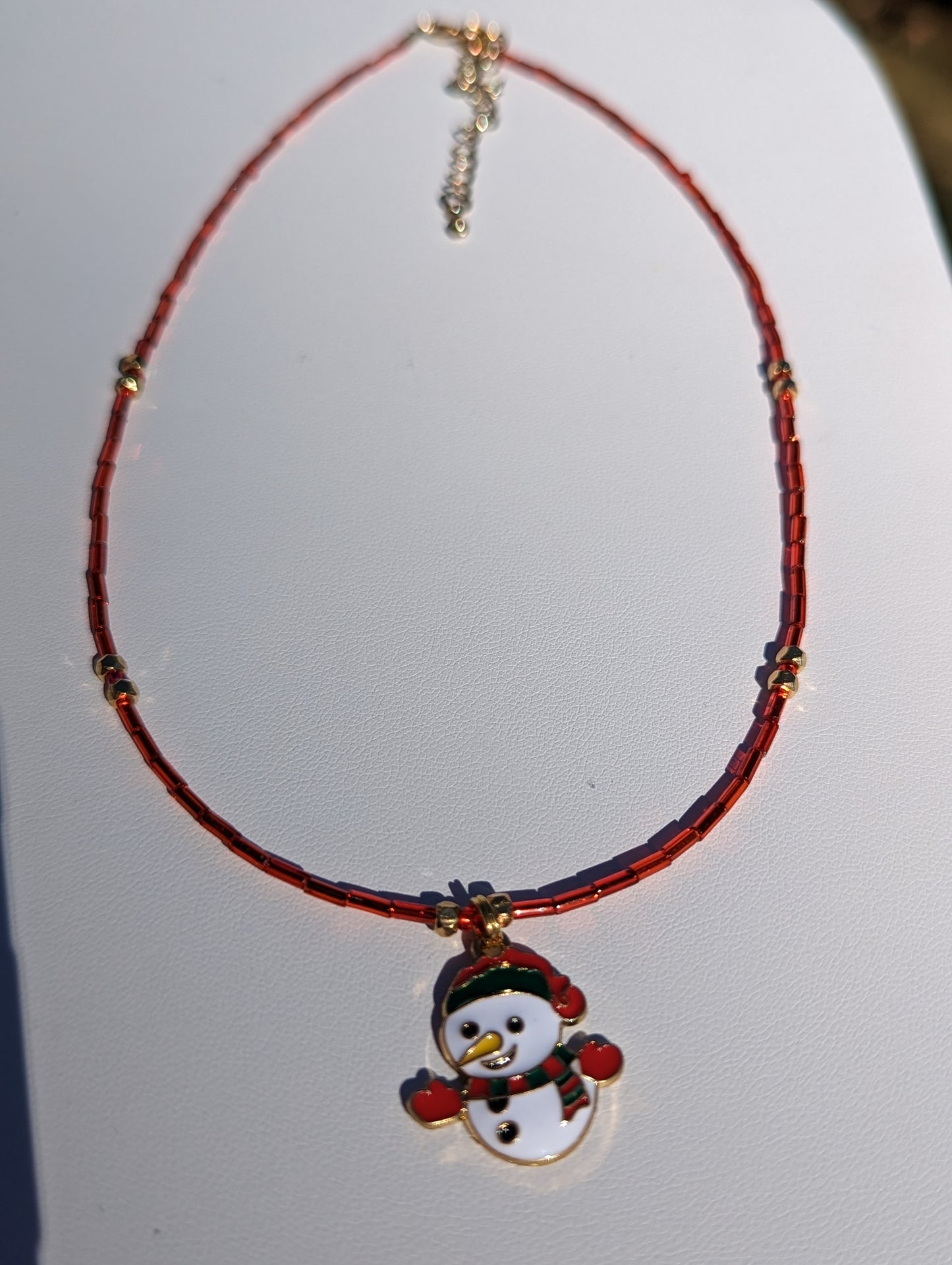 Gold-tone Enamel Snowman Charm on Bugle Bead Necklace