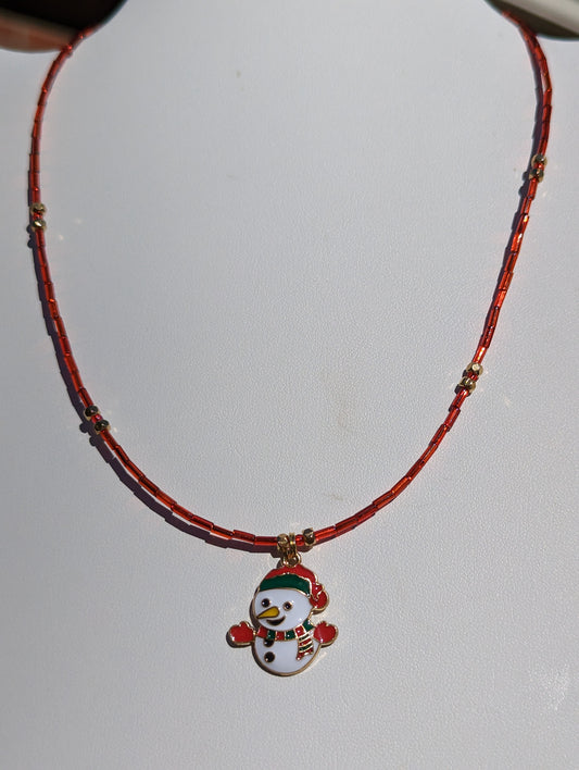 Gold-tone Enamel Snowman Charm on Bugle Bead Necklace