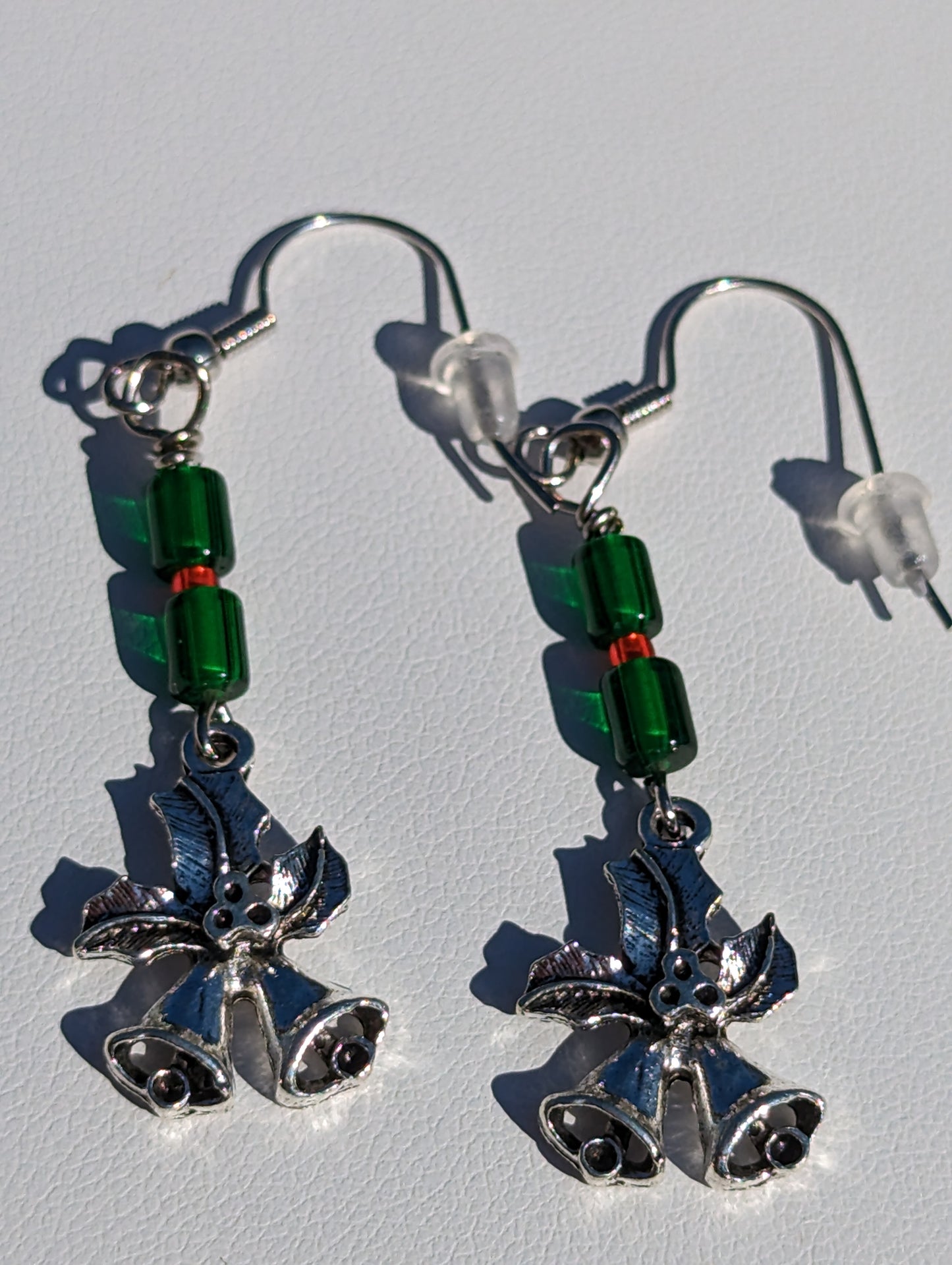 Holiday Bells Earrings with Green Beads