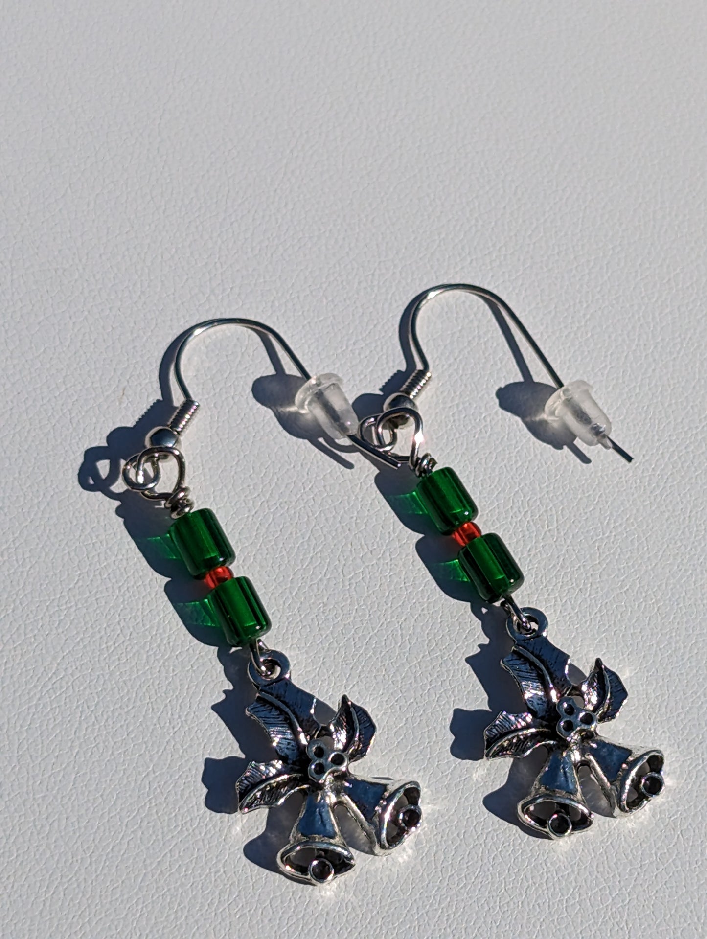 Holiday Bells Earrings with Green Beads