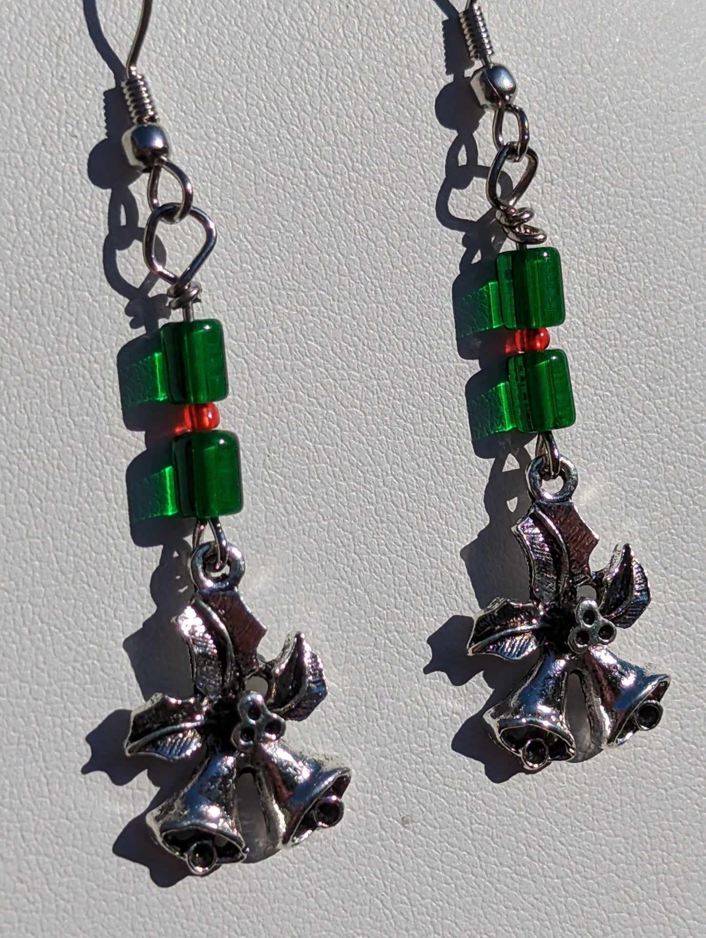 Holiday Bells Earrings with Green Beads