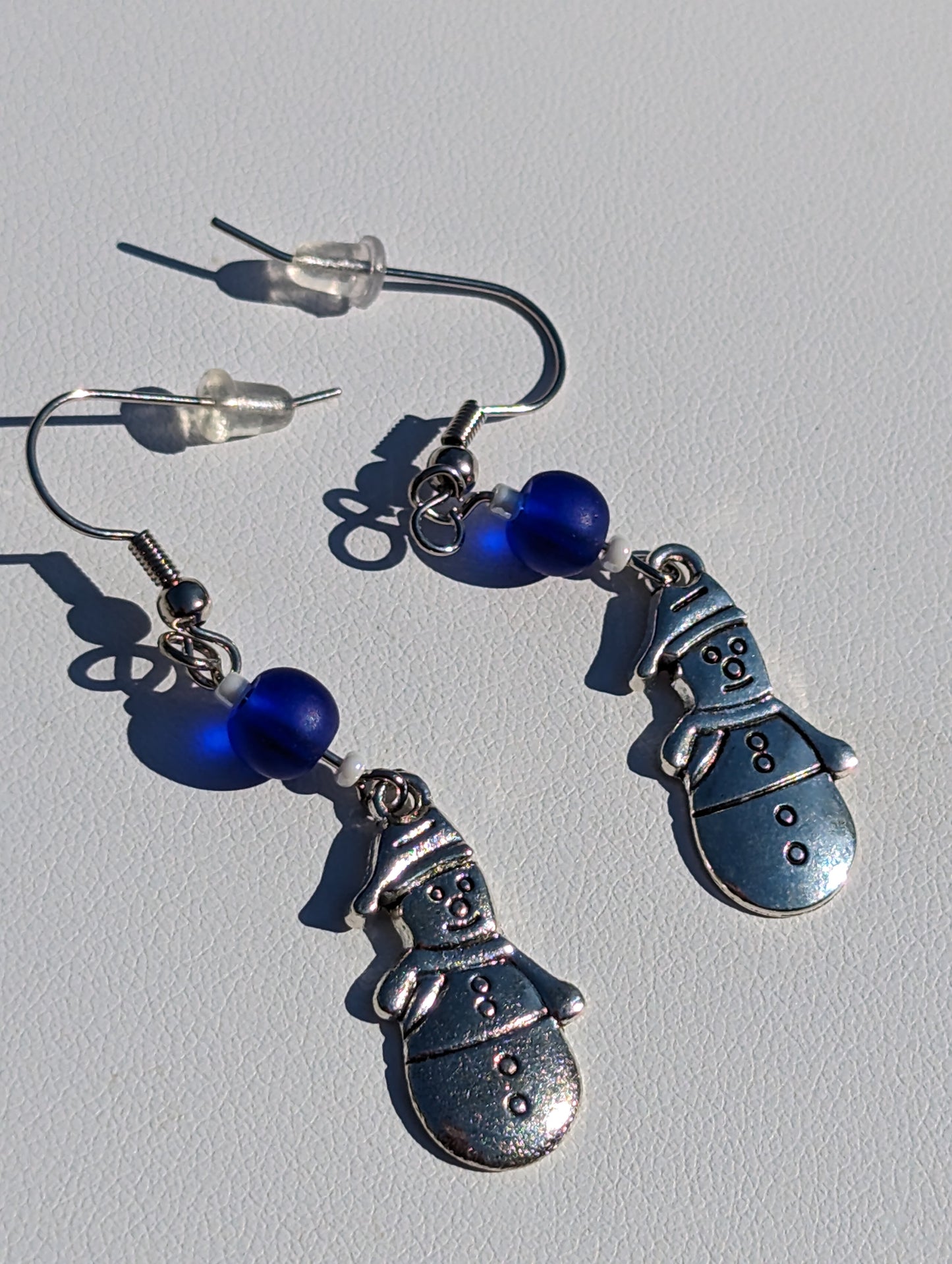 Silver-tone Snowman Charm Earrings with Blue Sea Glass Beads