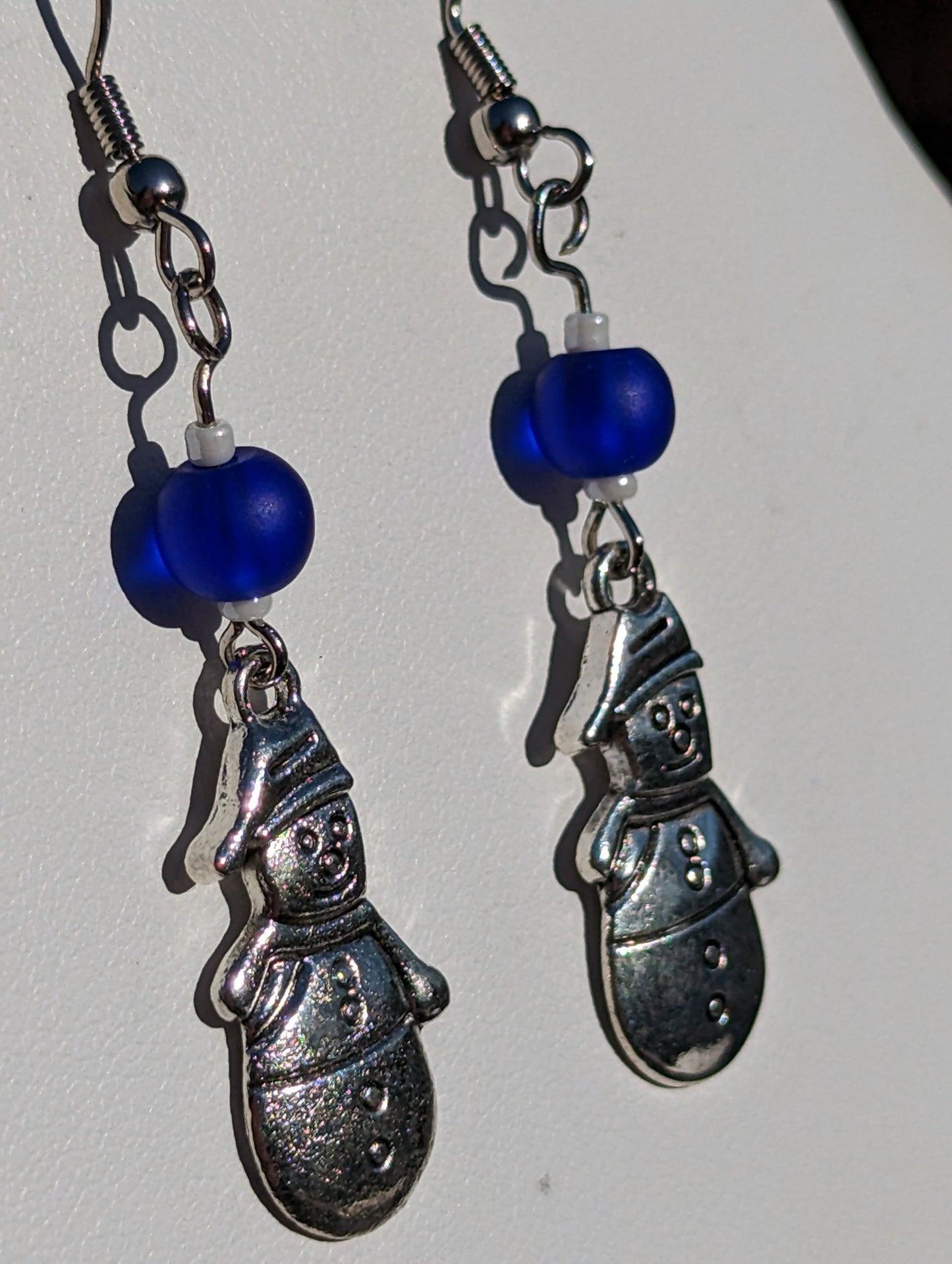 Silver-tone Snowman Charm Earrings with Blue Sea Glass Beads