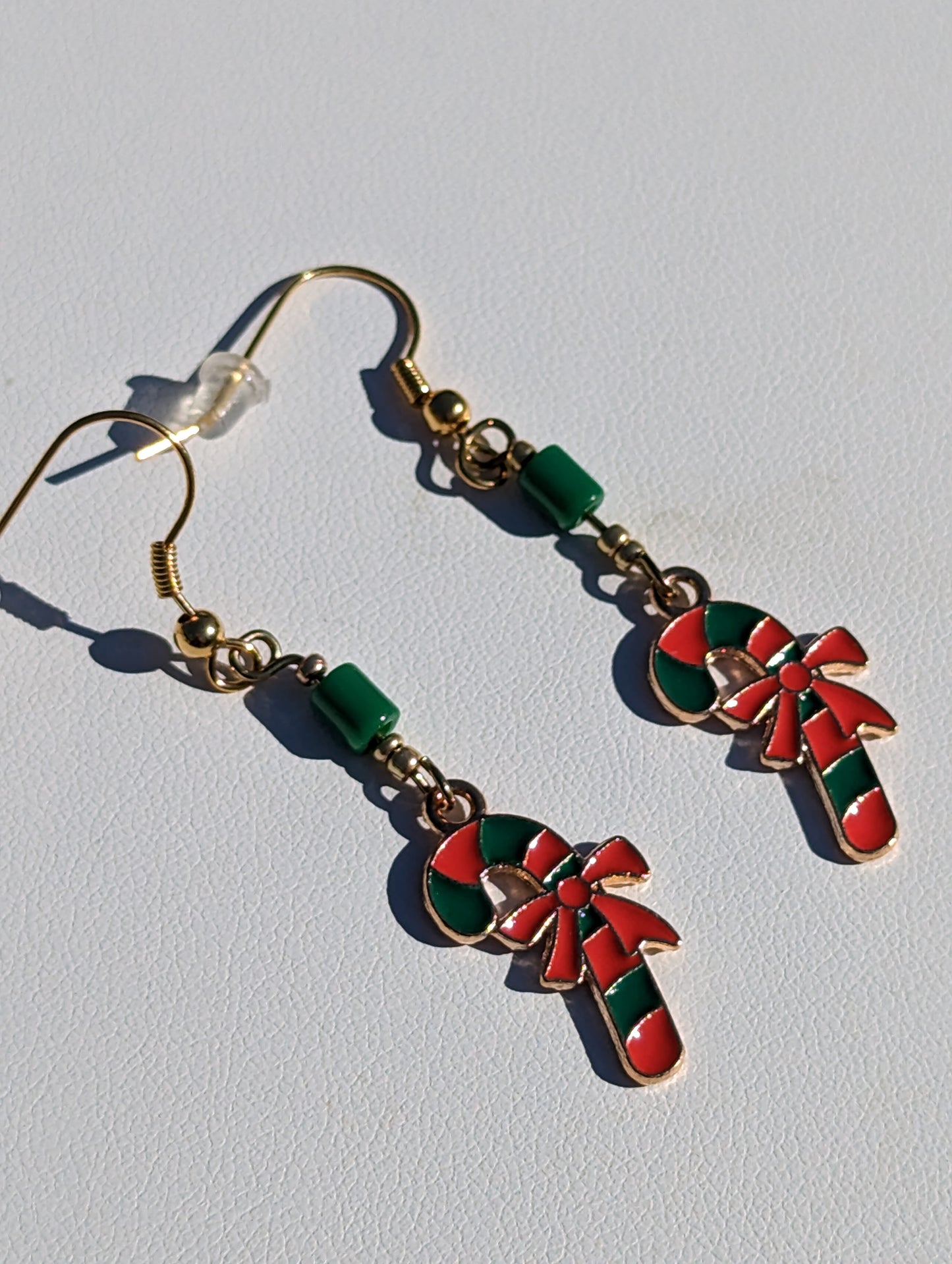 Gold-tone Enamel Green and Red Candy Cane Earrings