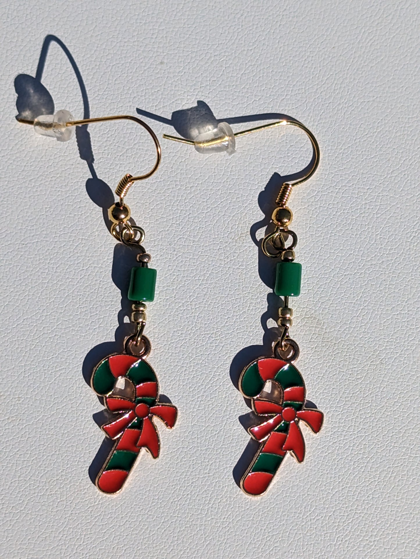 Gold-tone Enamel Green and Red Candy Cane Earrings