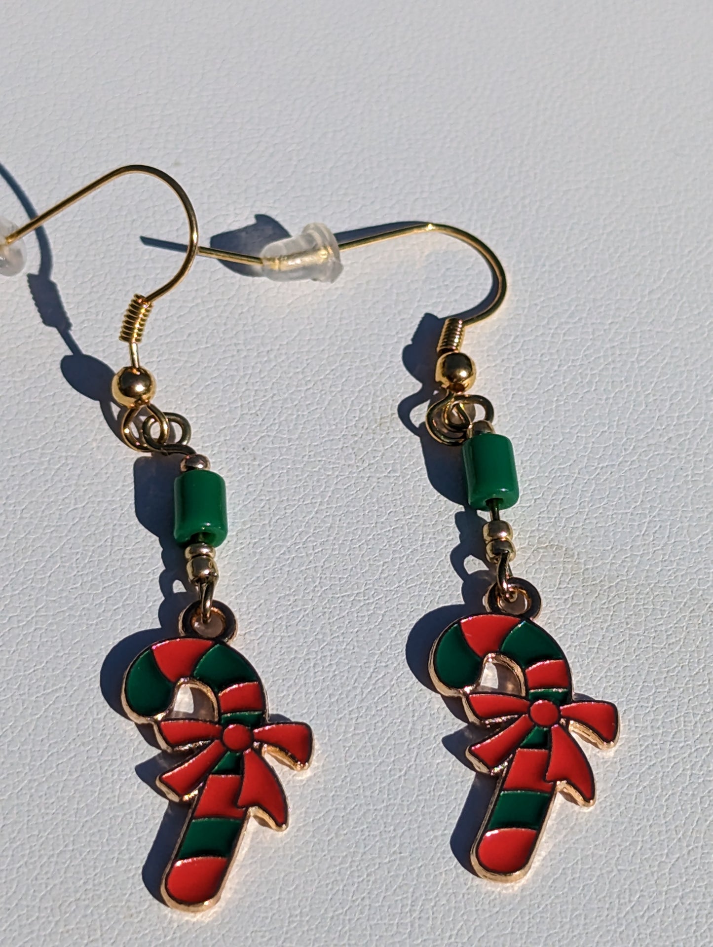 Gold-tone Enamel Green and Red Candy Cane Earrings