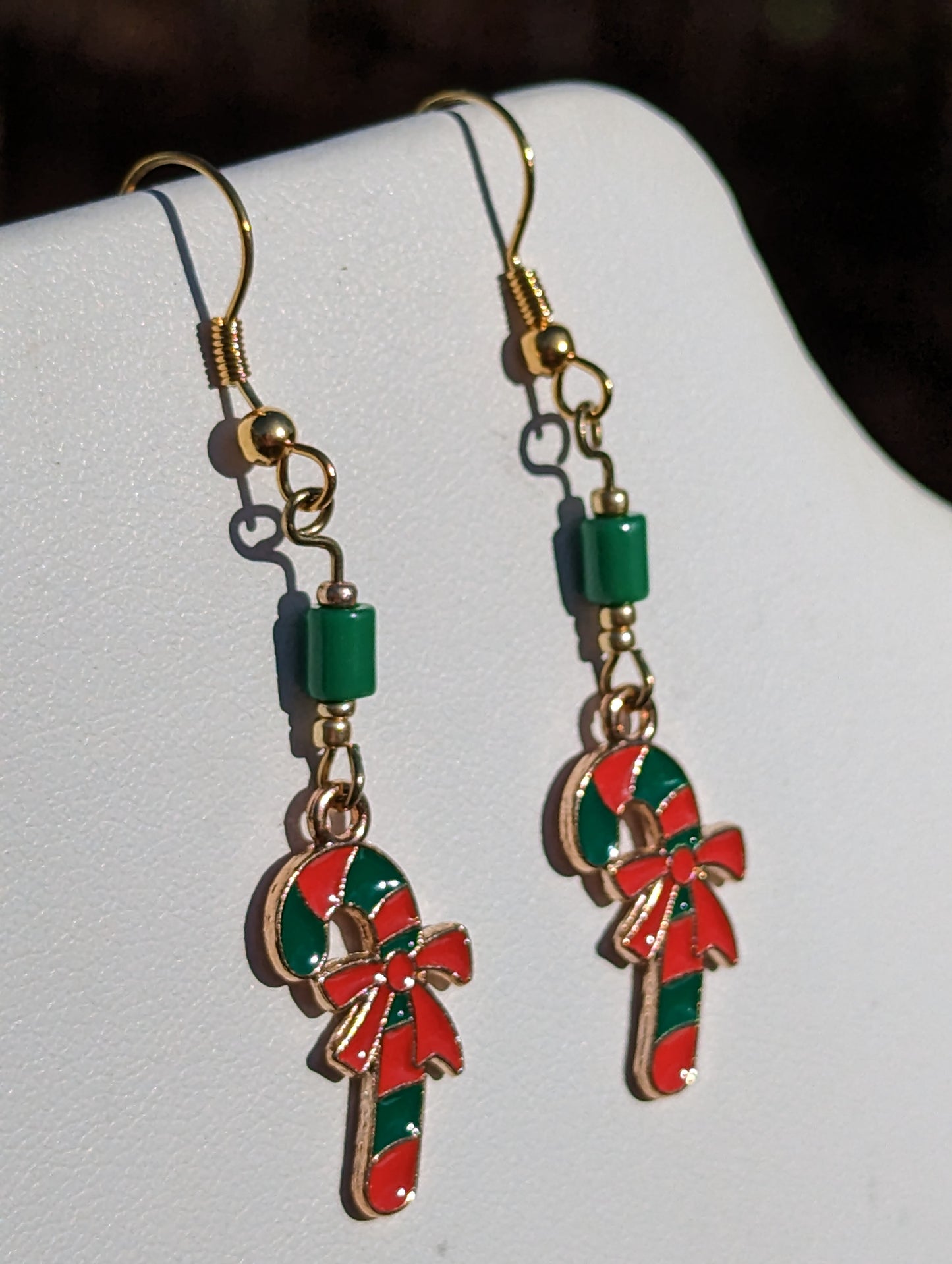 Gold-tone Enamel Green and Red Candy Cane Earrings