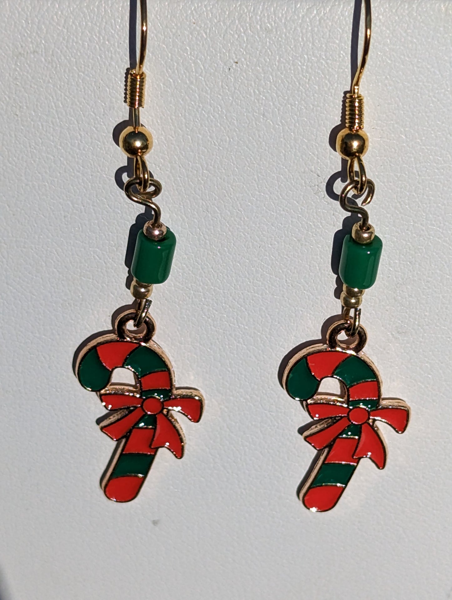 Gold-tone Enamel Green and Red Candy Cane Earrings