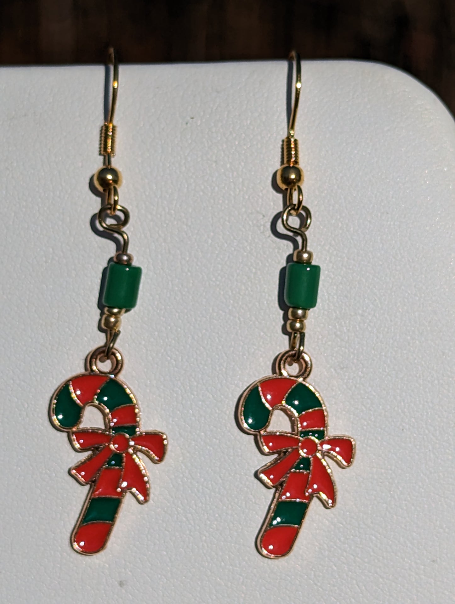 Gold-tone Enamel Green and Red Candy Cane Earrings