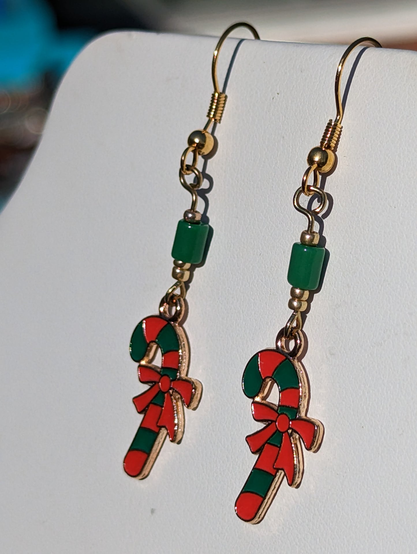 Gold-tone Enamel Green and Red Candy Cane Earrings