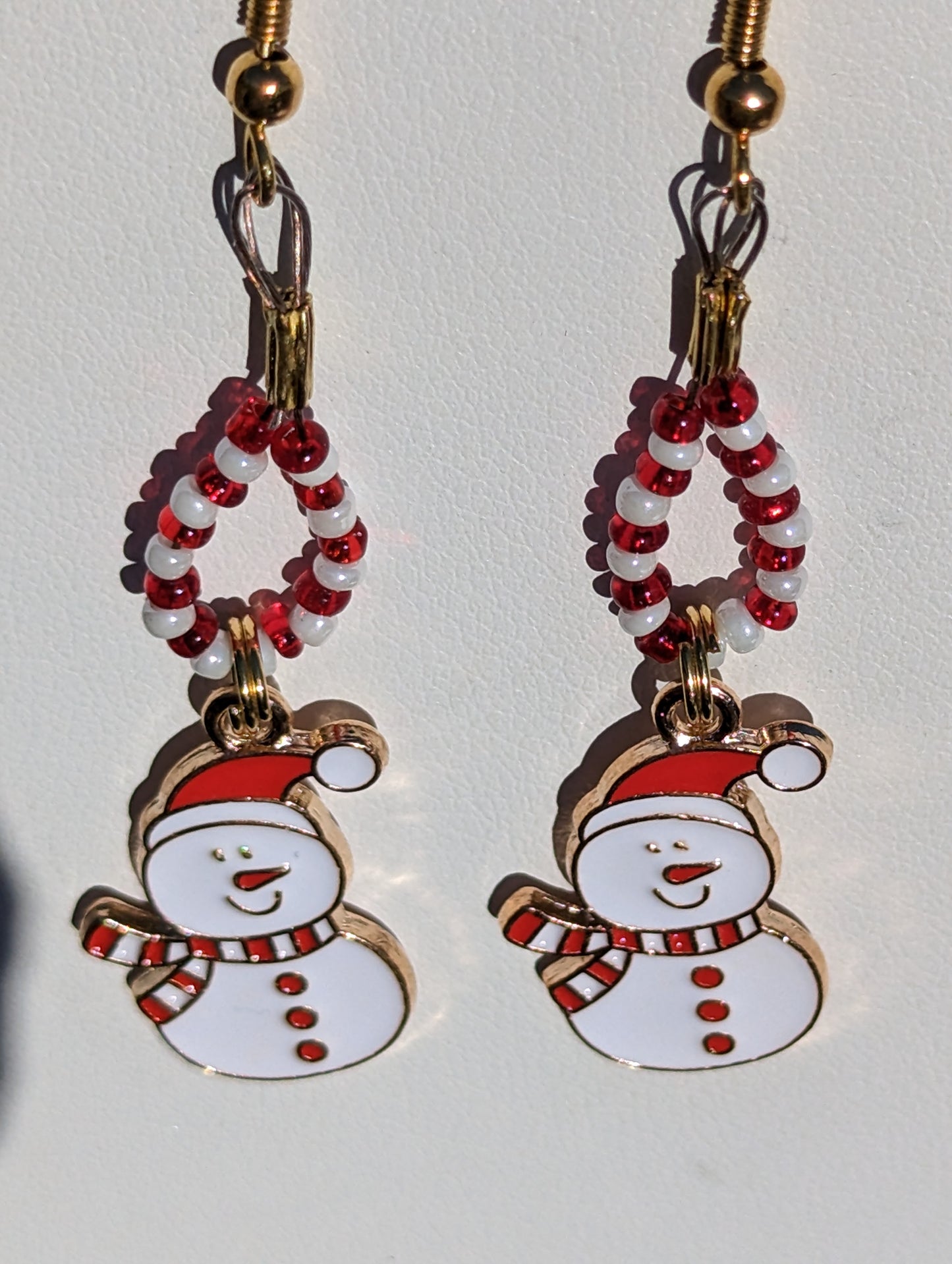 Gold-tone Enamel Red and White Snowman Earrings