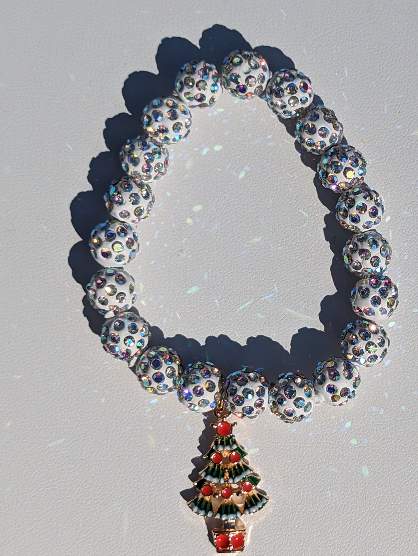 Stretchy White Christmas Balls Bracelet with Golden Tree Charm