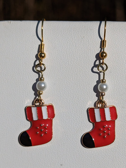 Gold-tone Enamel Red, White, and Black Stocking Earrings