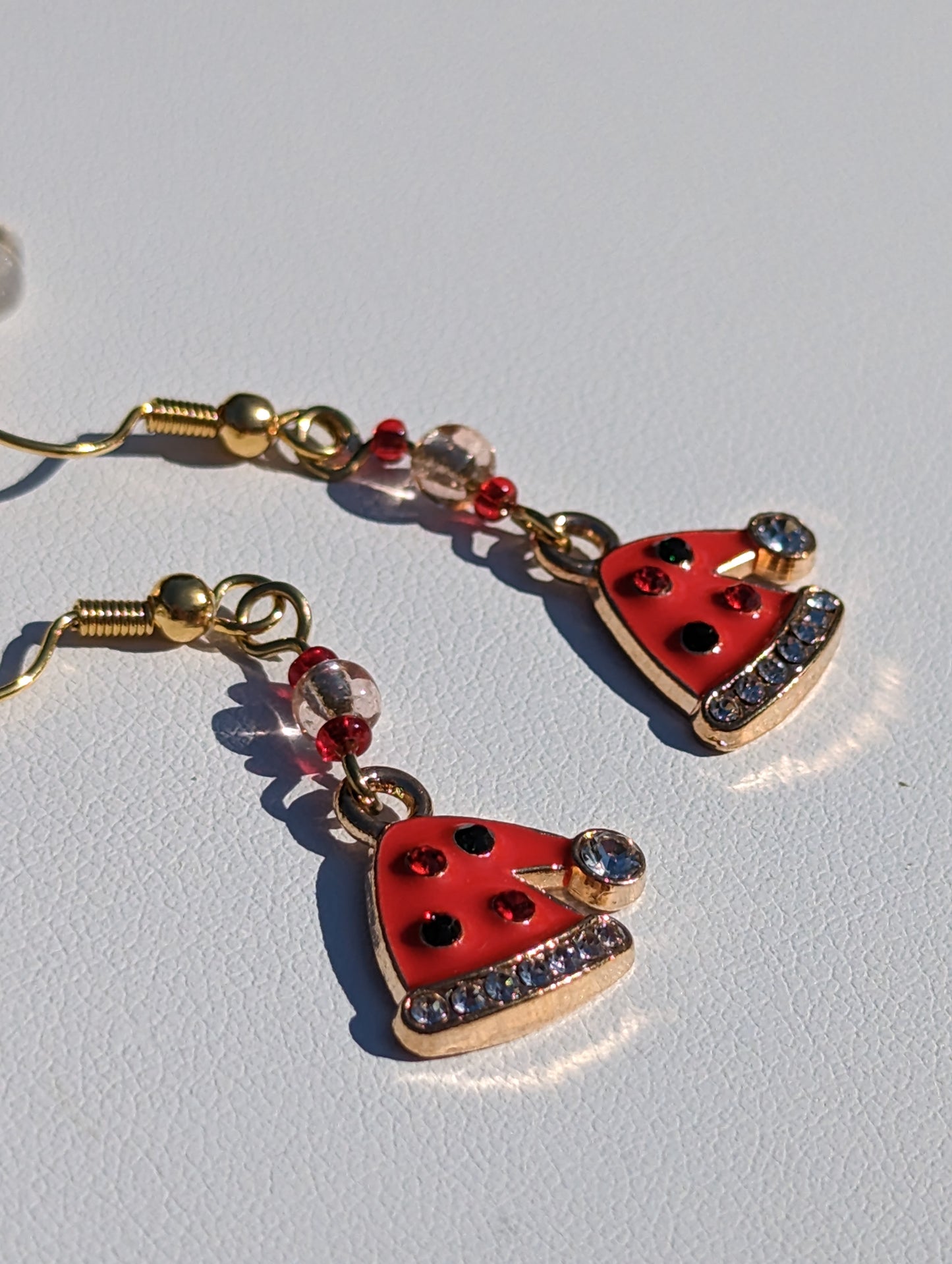 Gold-tone Enamel Red and Rhinestone Santa Hat Earrings