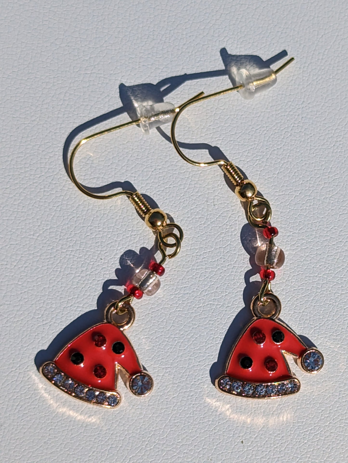 Gold-tone Enamel Red and Rhinestone Santa Hat Earrings