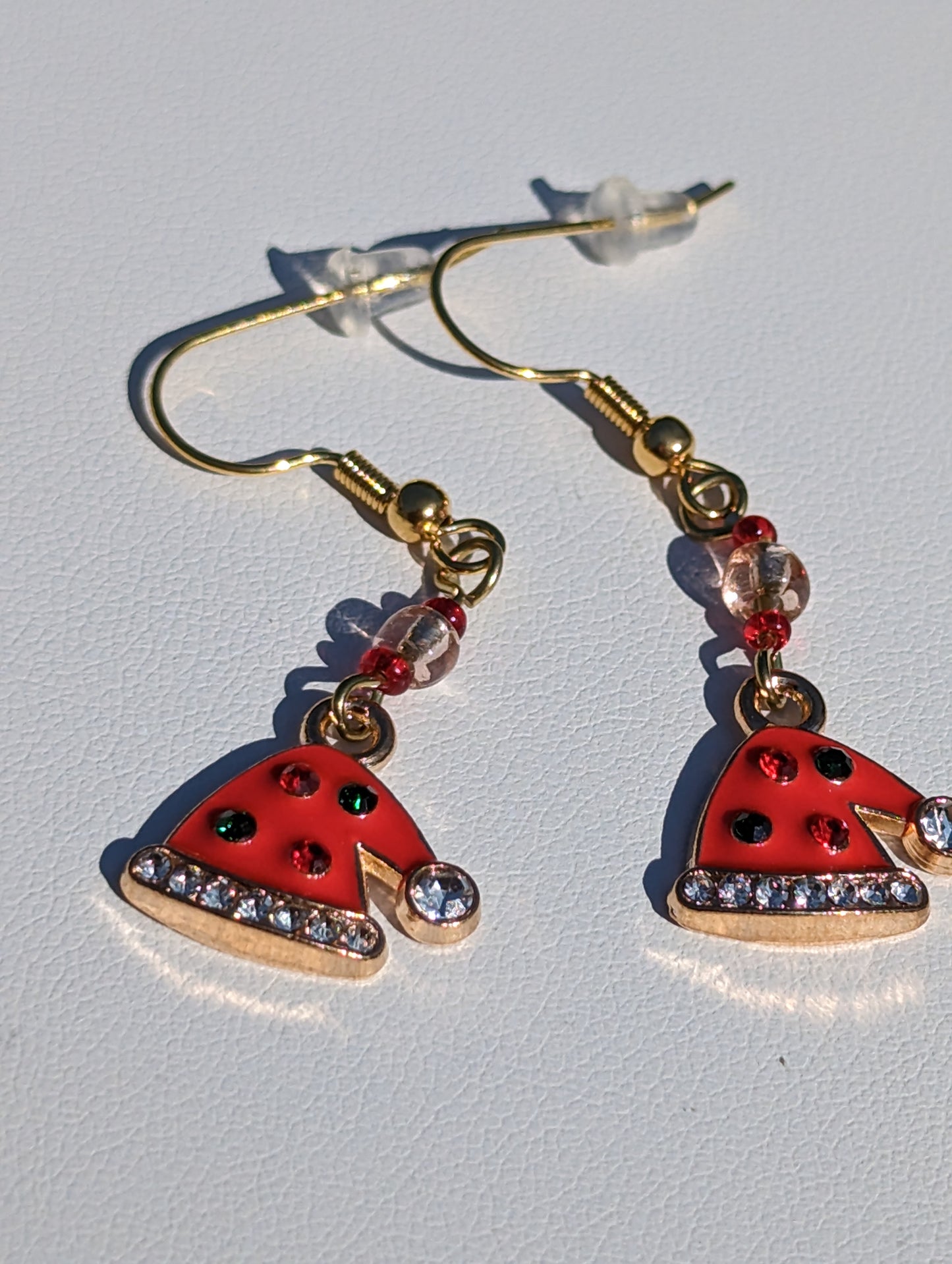 Gold-tone Enamel Red and Rhinestone Santa Hat Earrings