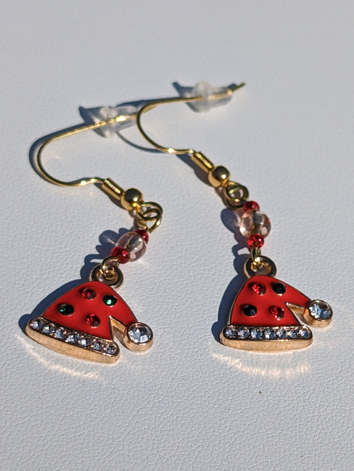 Gold-tone Enamel Red and Rhinestone Santa Hat Earrings