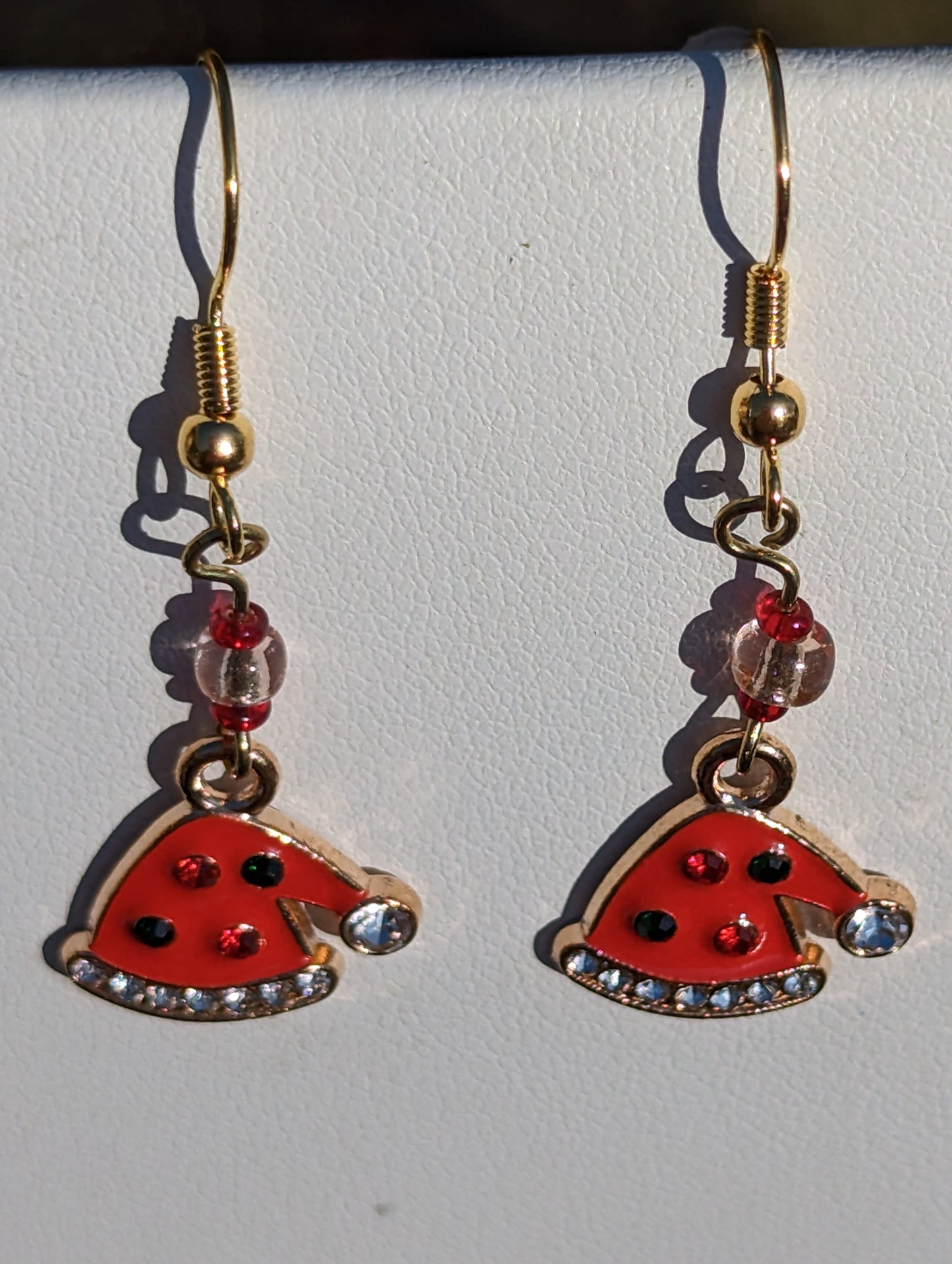 Gold-tone Enamel Red and Rhinestone Santa Hat Earrings