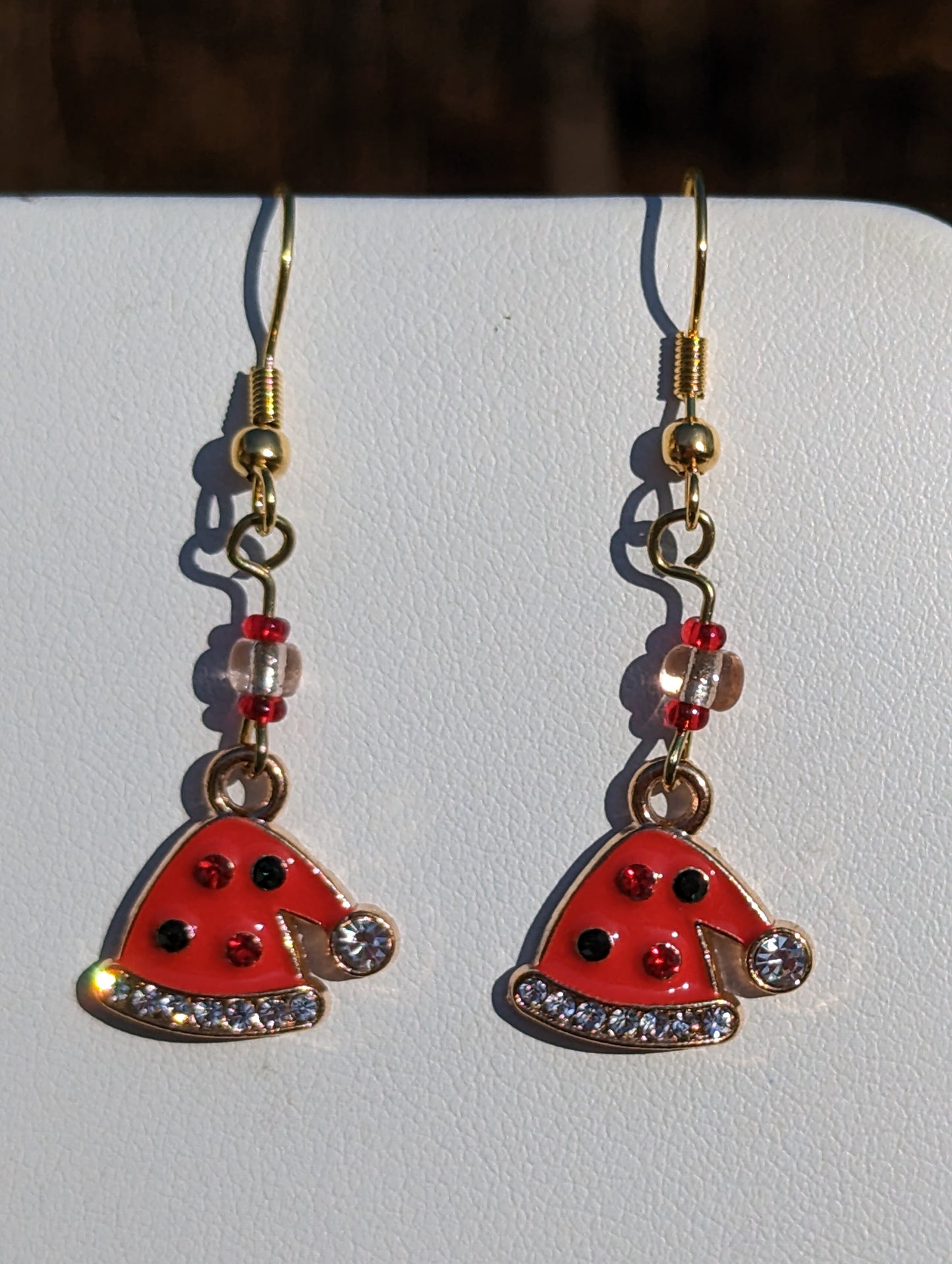 Gold-tone Enamel Red and Rhinestone Santa Hat Earrings