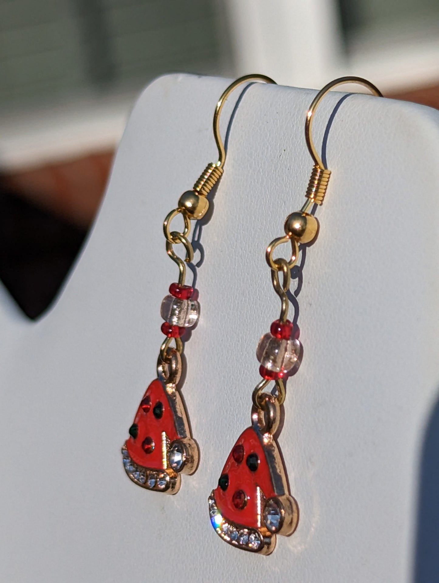 Gold-tone Enamel Red and Rhinestone Santa Hat Earrings