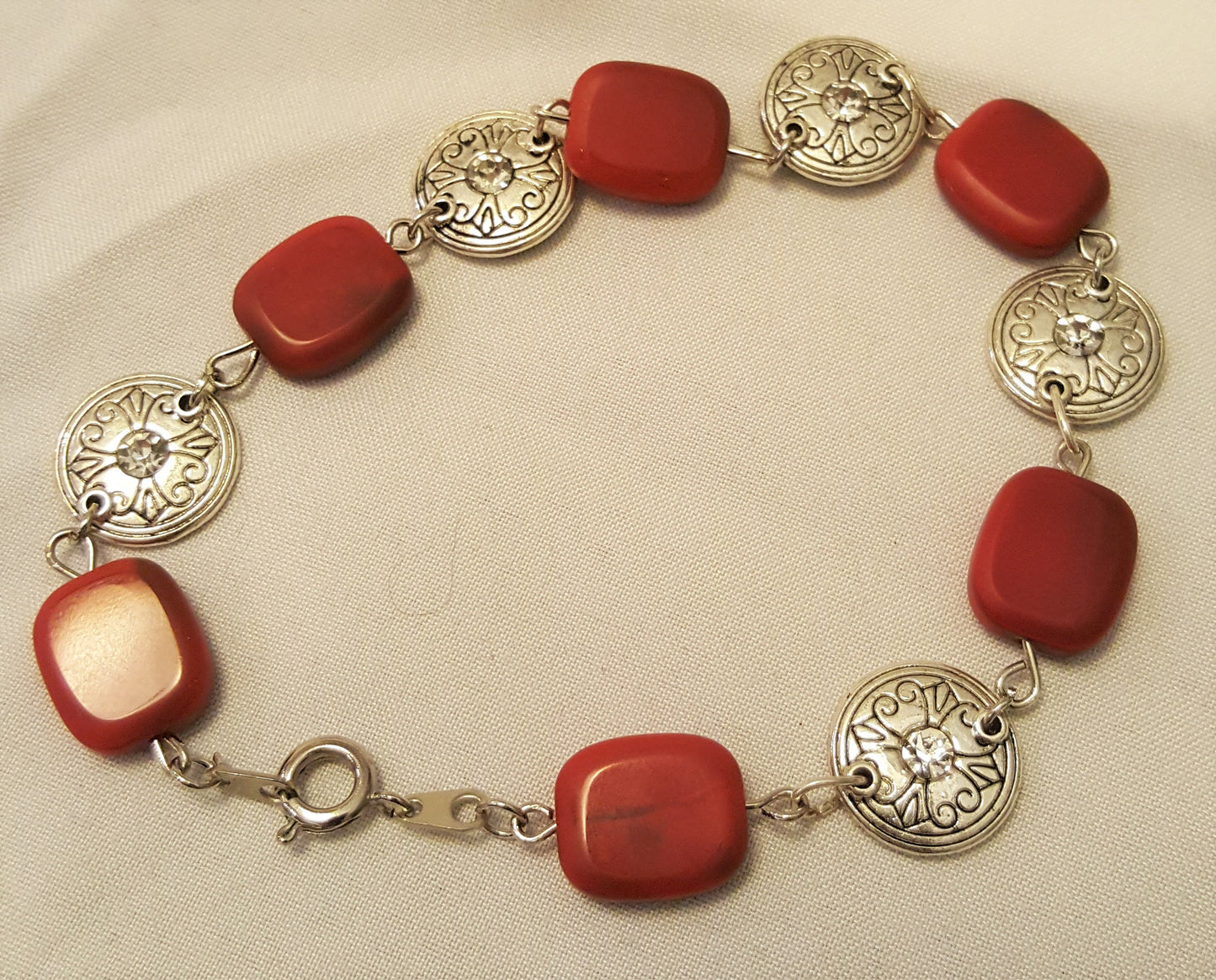 Red Jasper and Silver-tone Medallion Necklace, Bracelet, and Earrings