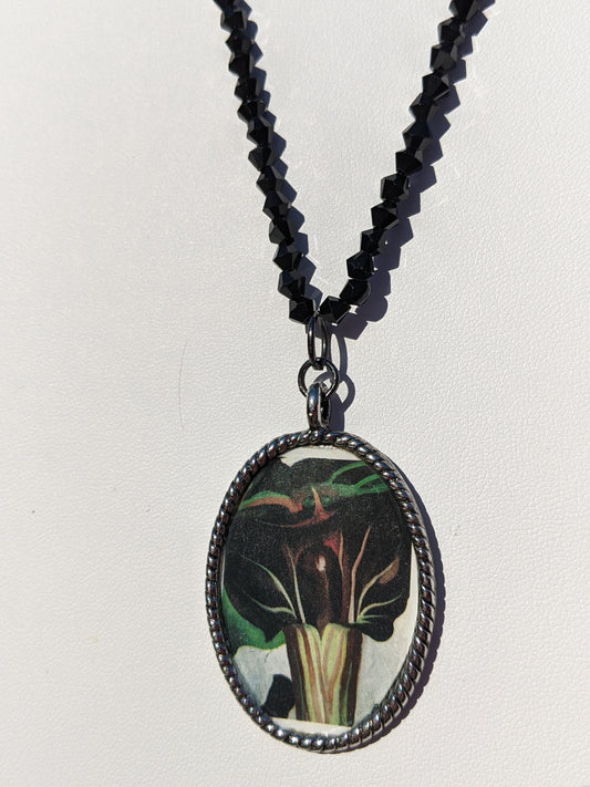 Georgia O'Keeffe Black Calla Lily Pendant on Black Beaded Necklace