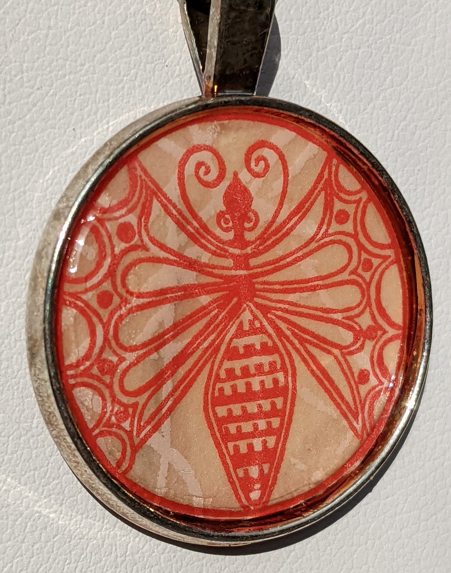 Stylized Red Butterfly Print Silver-tone Pendant