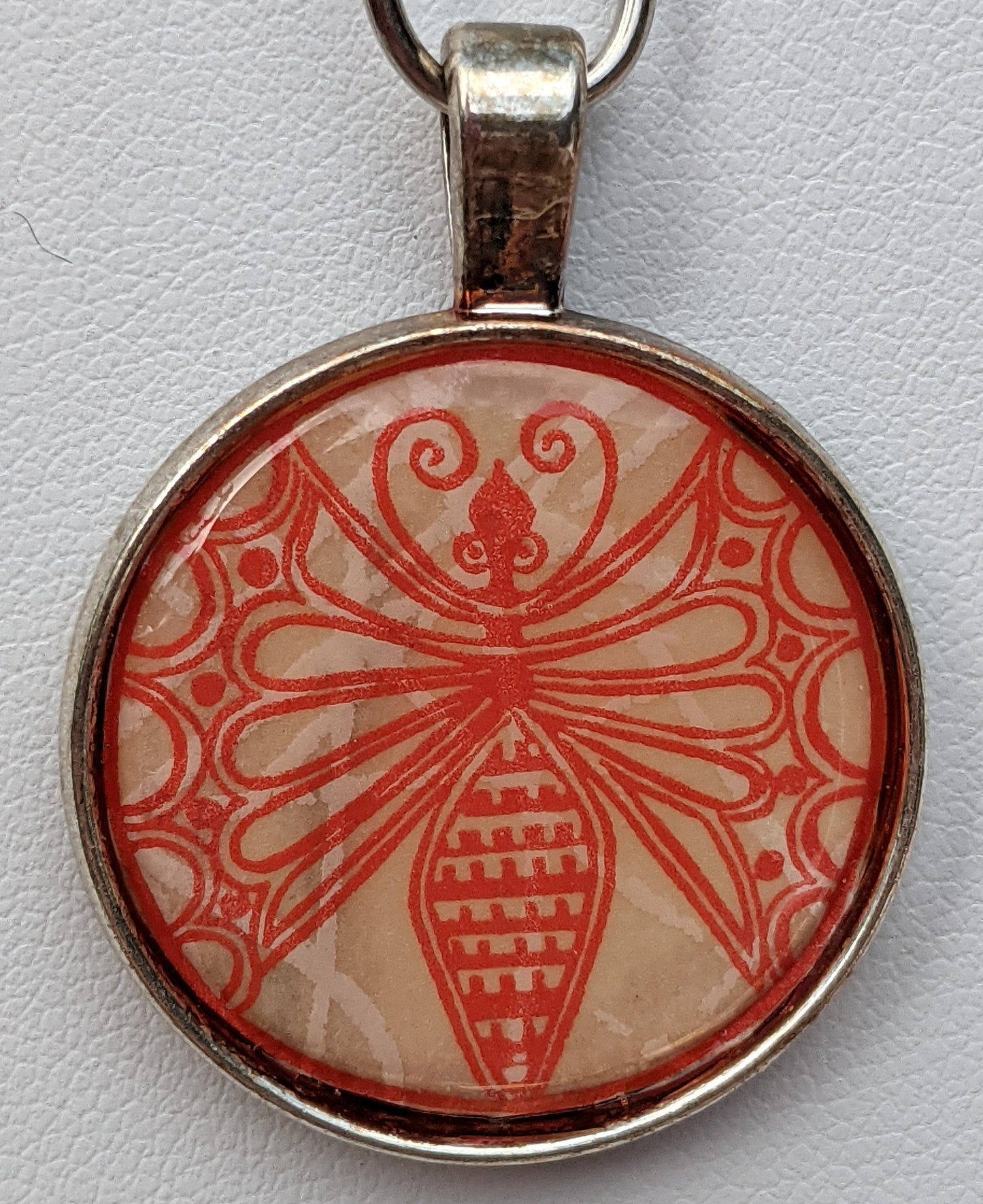 Stylized Red Butterfly Print Silver-tone Pendant