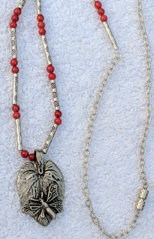 Pewter Butterfly Red Sponge Coral Necklace