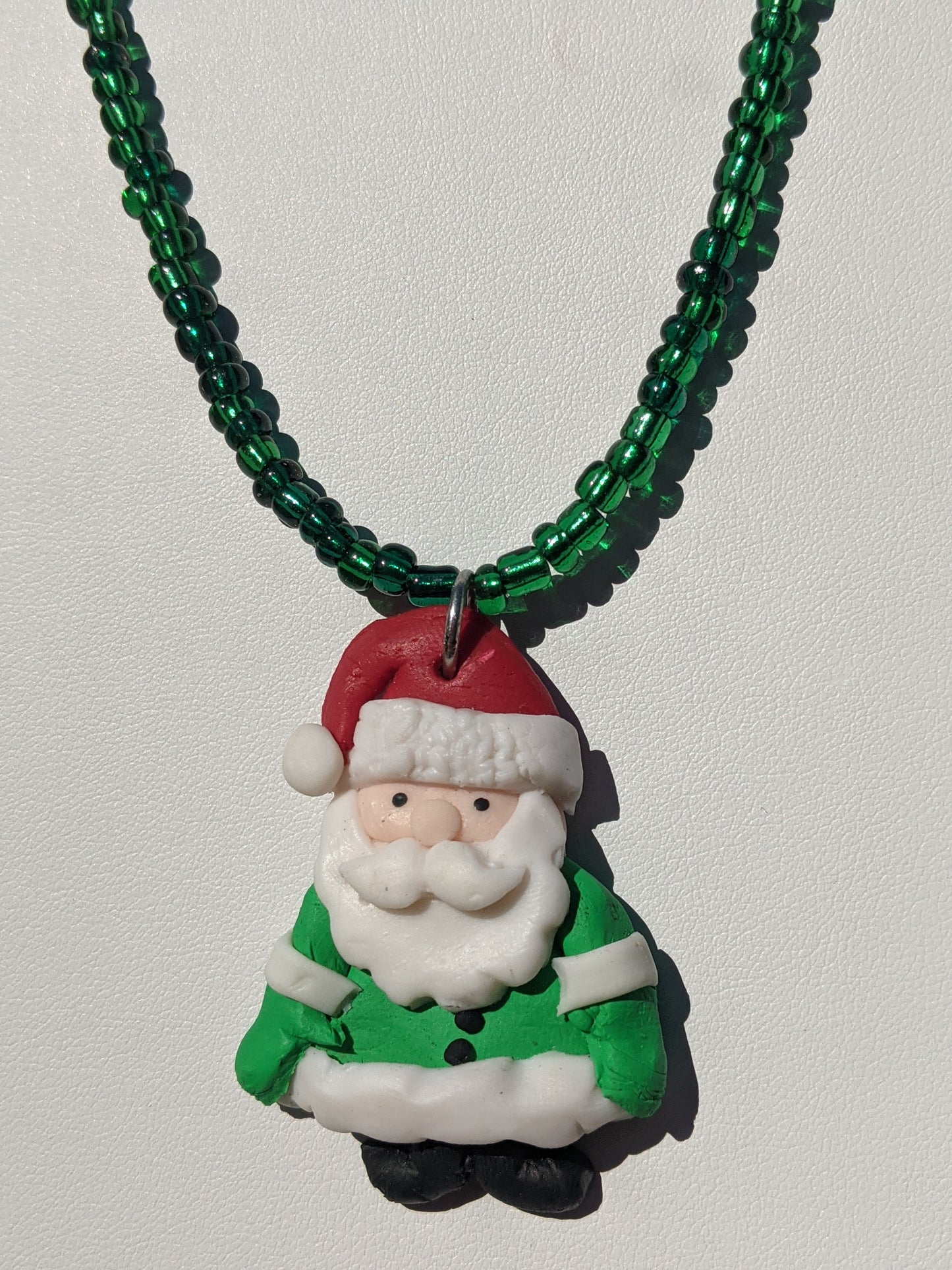 Dark Green Clay Santa Beaded Necklace