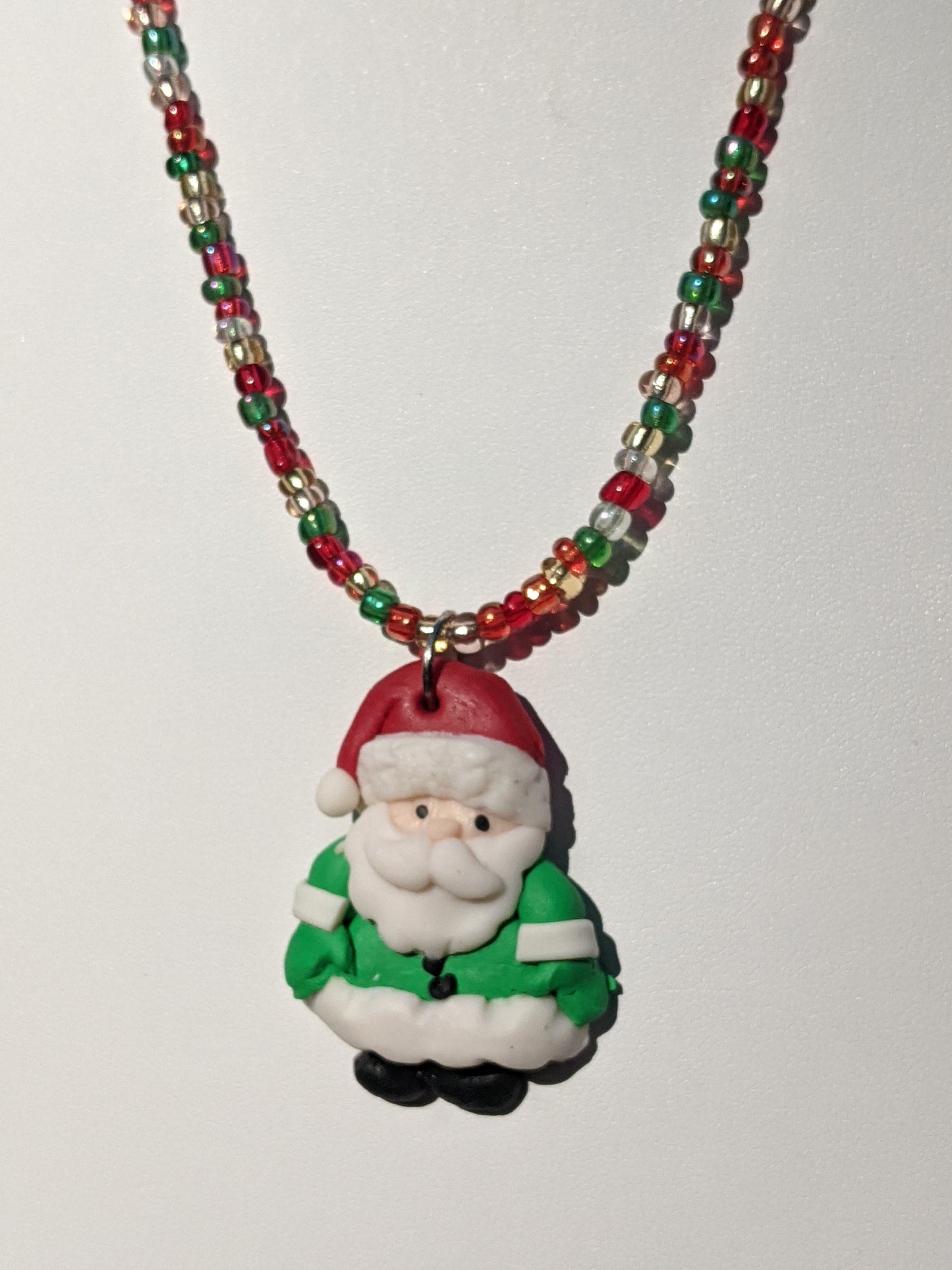 Clay Santa on Multi-colored Beaded Necklace