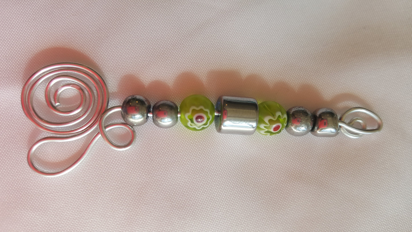 Green Millefiori and Silver-tone Bead Hand-wired Keychain or Hanger