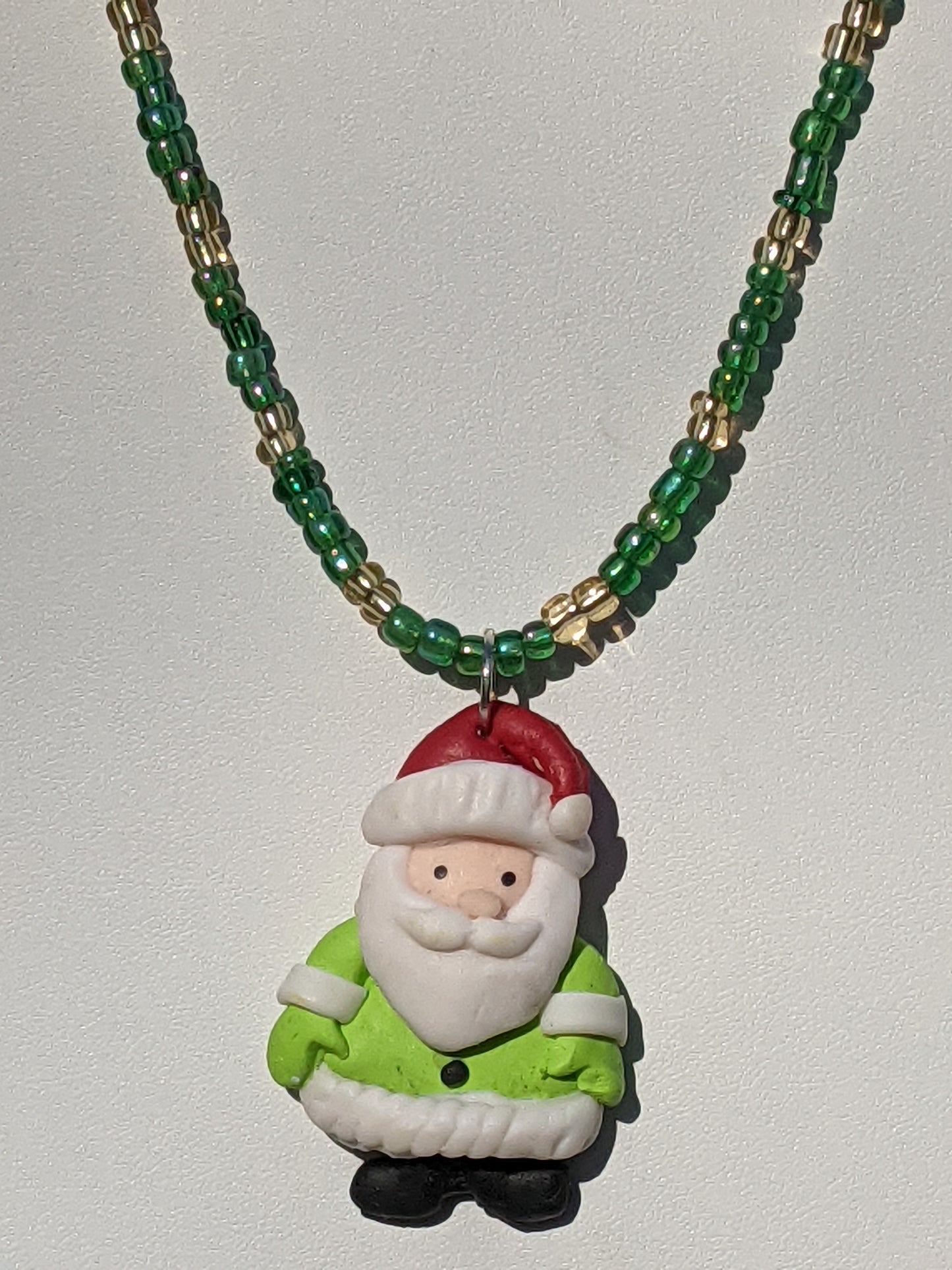Light Green Clay Santa on Beaded Choker