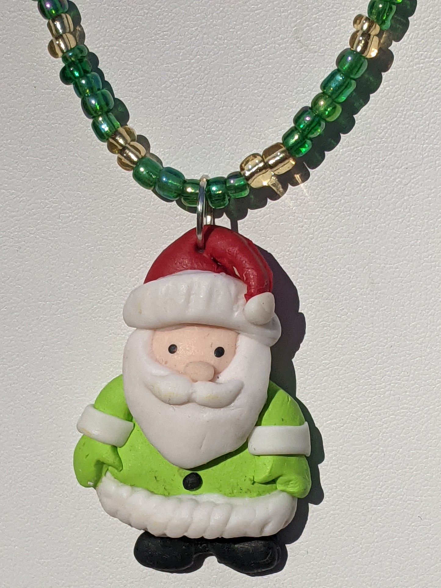 Light Green Clay Santa on Beaded Choker