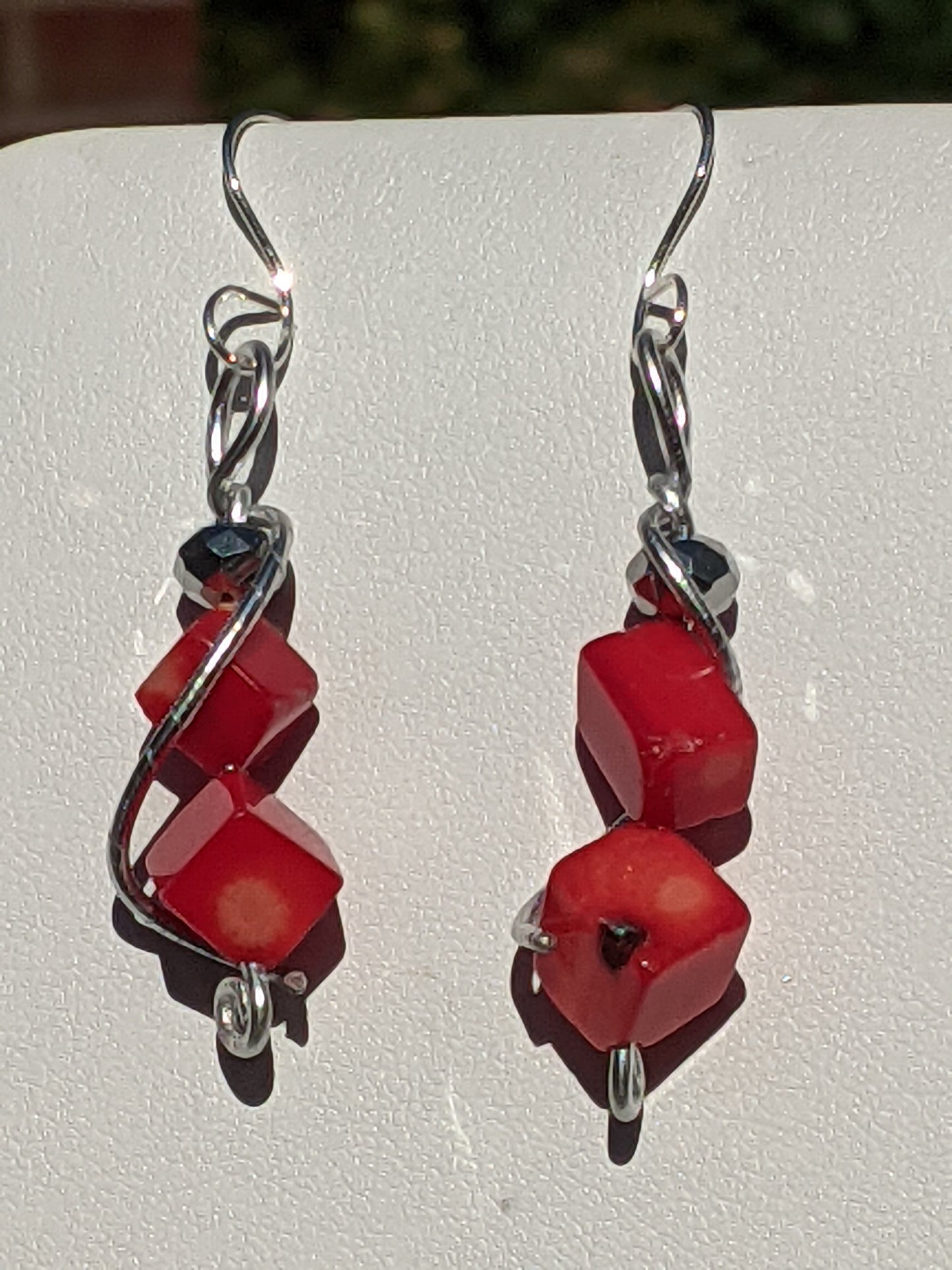 Hand-wired Earrings with Red Jasper Cubes