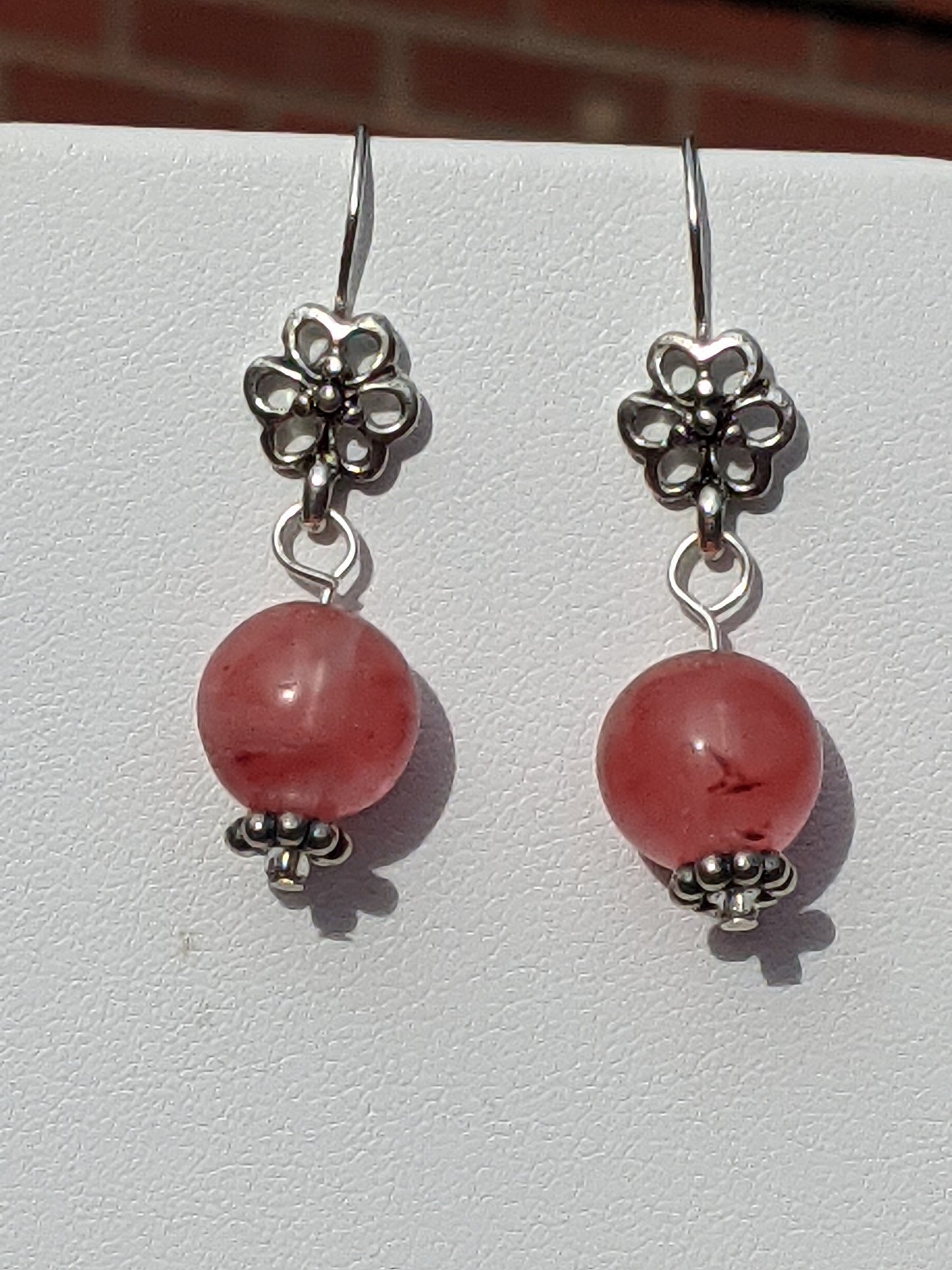 Strawberry Quartz Earrings on Flower Hook